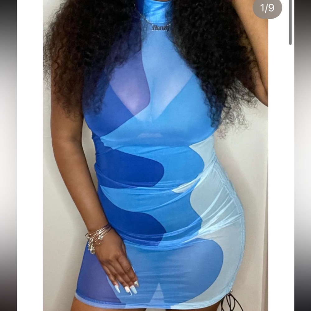 Blue & White Ruched Mesh Bodycon Dress